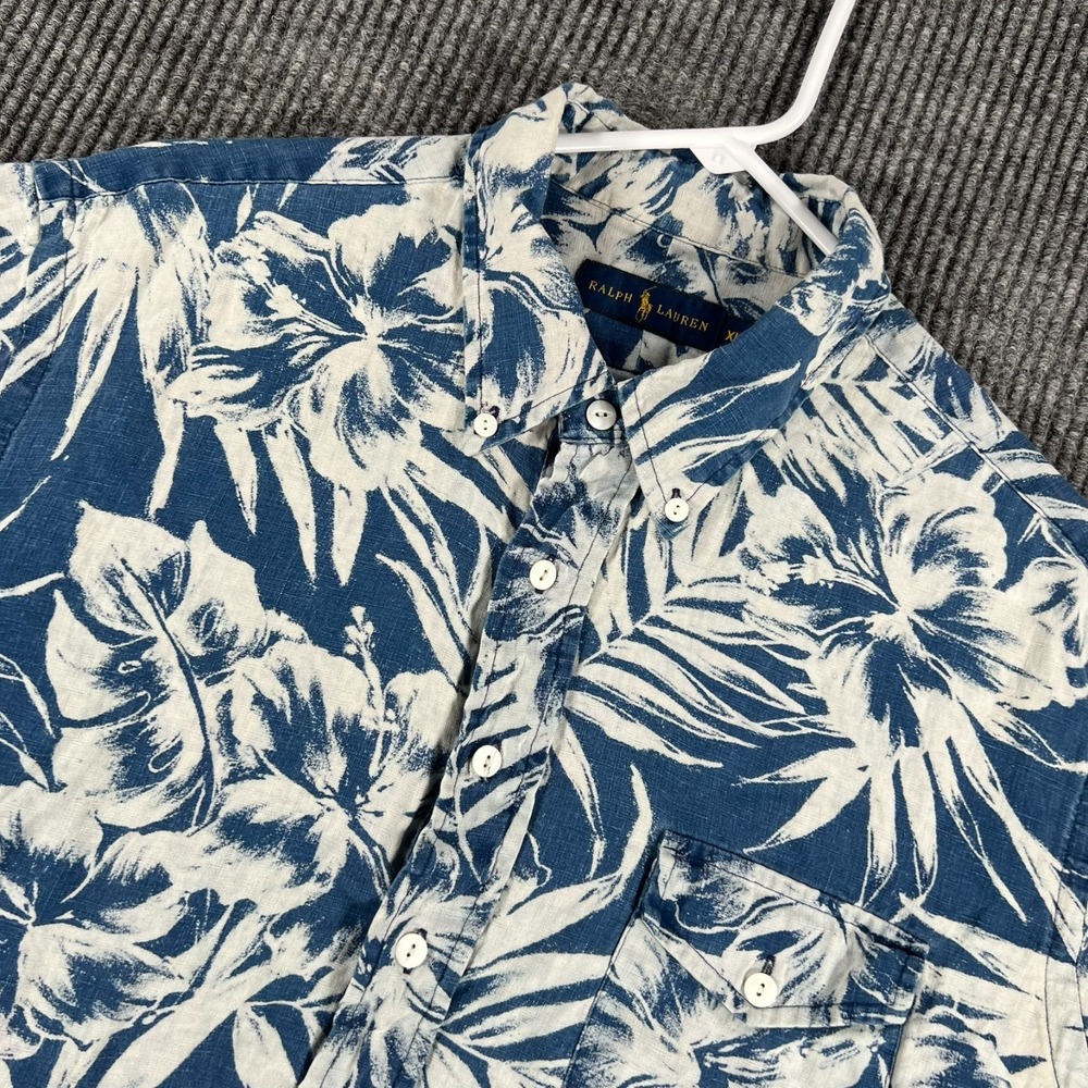 Ralph Lauren Shirt Mens XL Extra Large Blue Floral Linen Short Sleeve Button